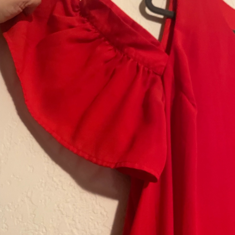 Red Dress with Drop Shoulder Ruffle Sleeves - Picture 2 of 4